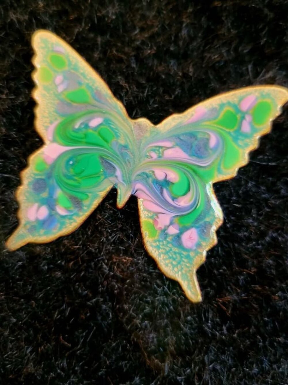 Vintage Swirl Copper Butterfly Brooch In Green, Pink And Blue. Signed By Inga